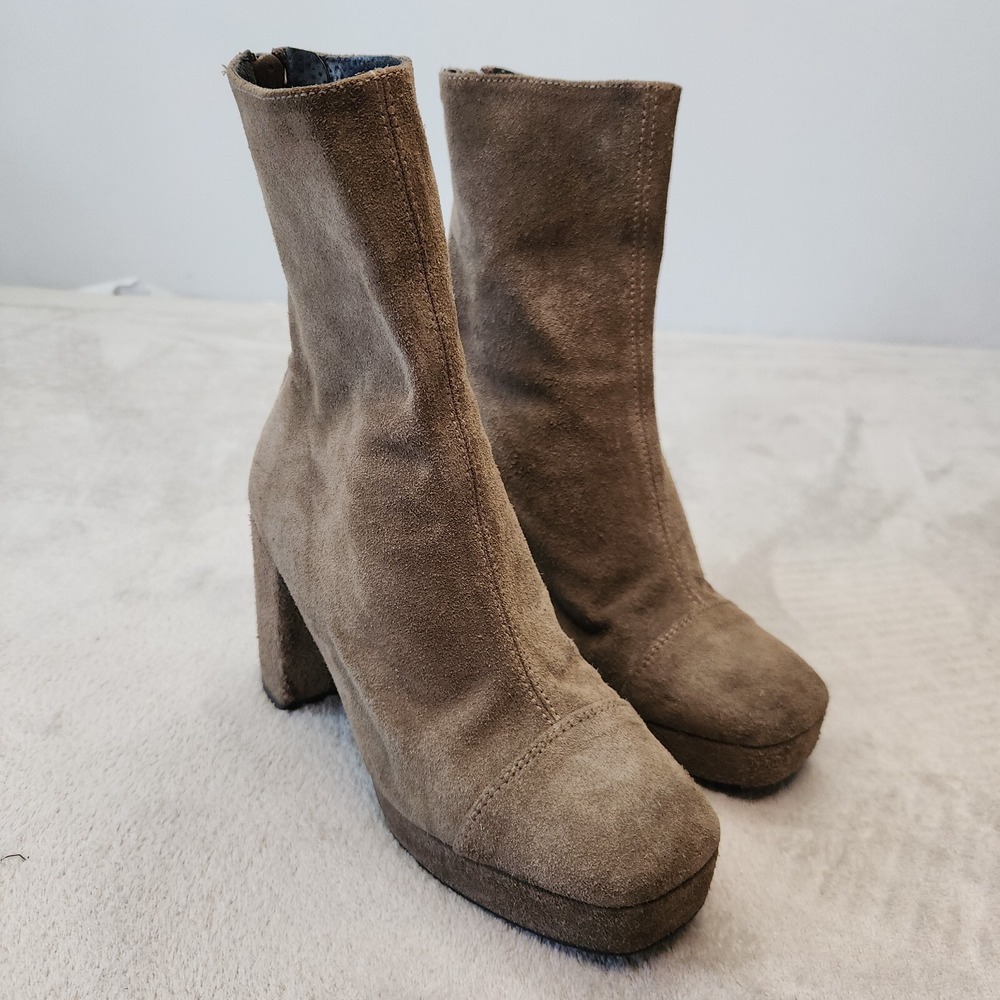 Free People Suede Platform Boots Taupe Block Heel Ankle Y2K Made Spain EU 37